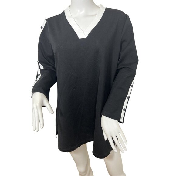 E.L.I Tunic Top XL Black White Trim  Long Sleeve V-Neck Buttons Down Arms Slits - Picture 3 of 11